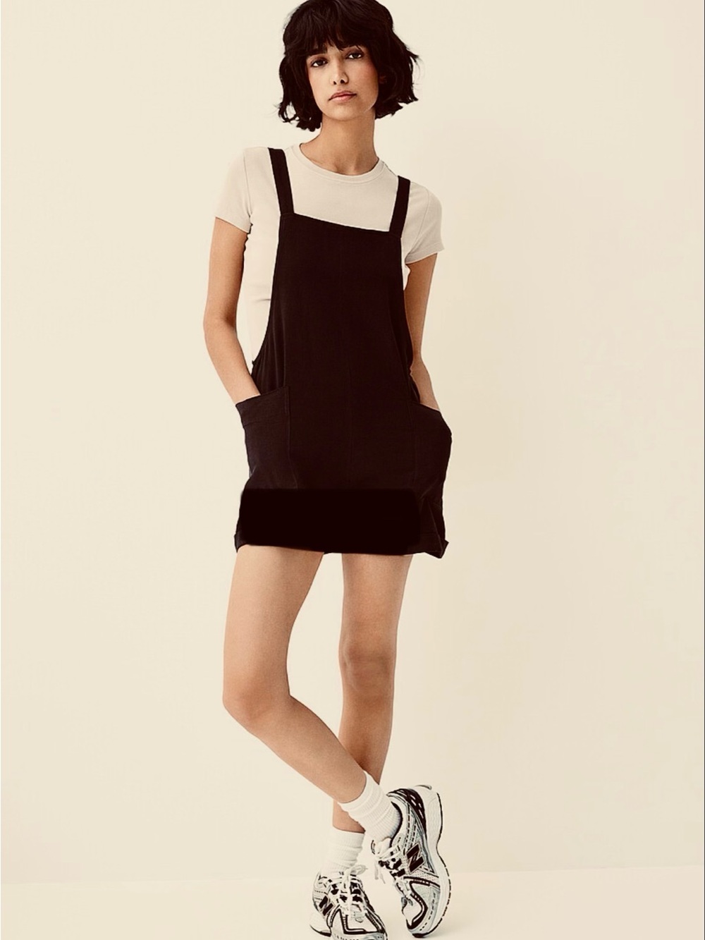 Simons Twik Black Pinafore Mini Overall Dress with Pockets